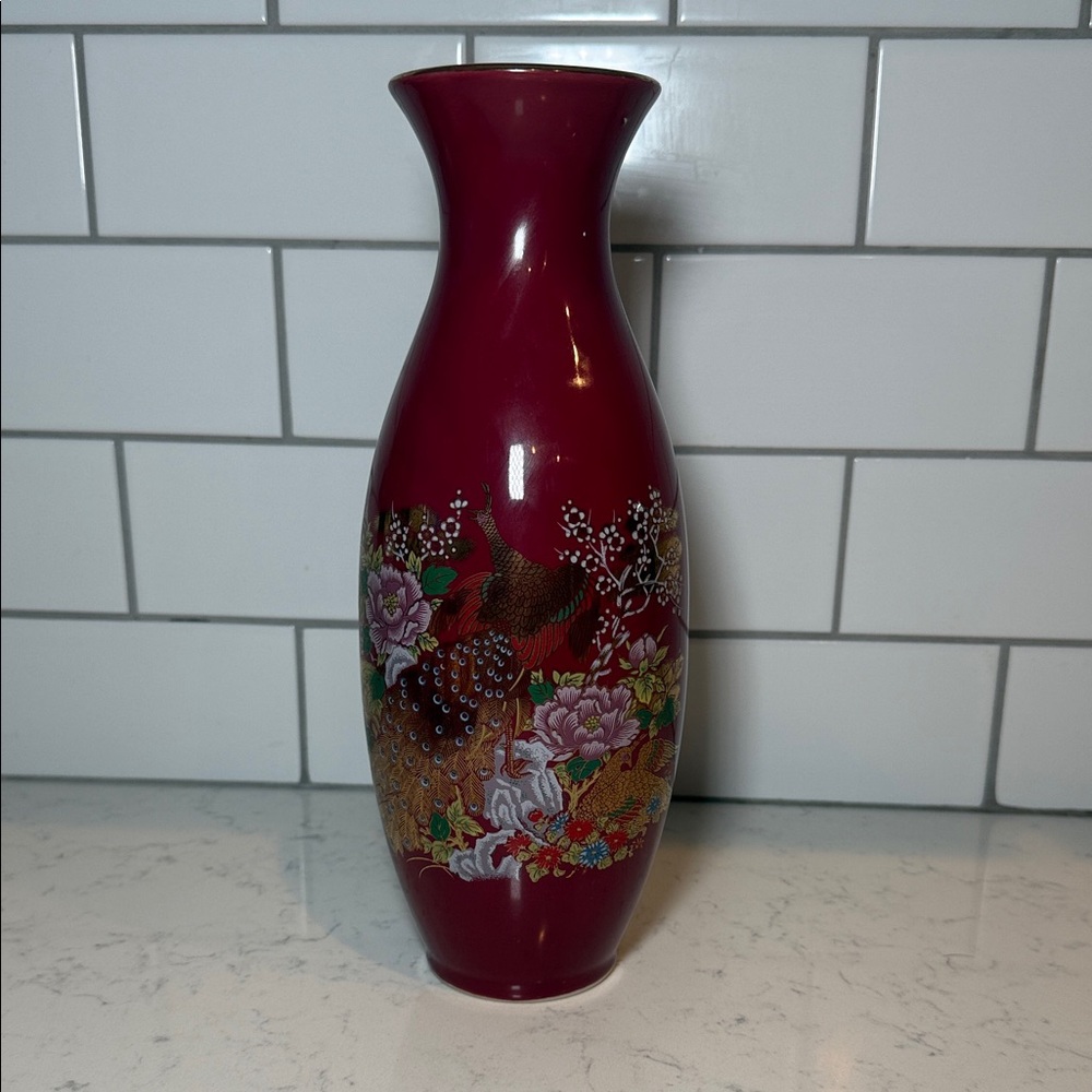Vintage‎ 1980s Imperial Japan Hand Painted Ceramic Vase Red Gold Peacock 11"
